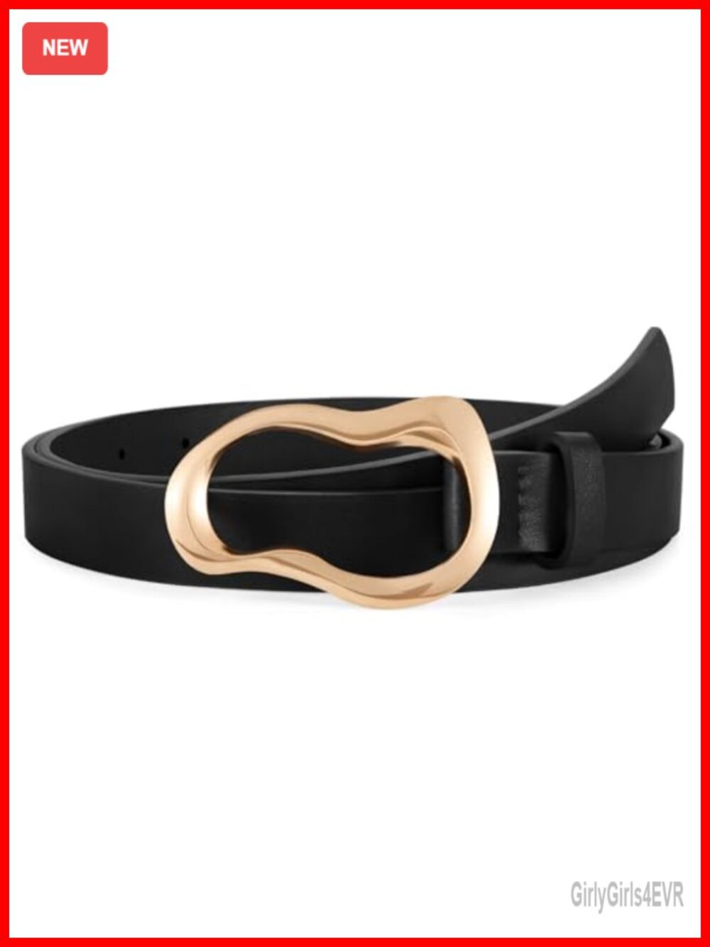 PU Leather Belt with Unique Liquid Shapes Gold Buckle Adjustable Fit
